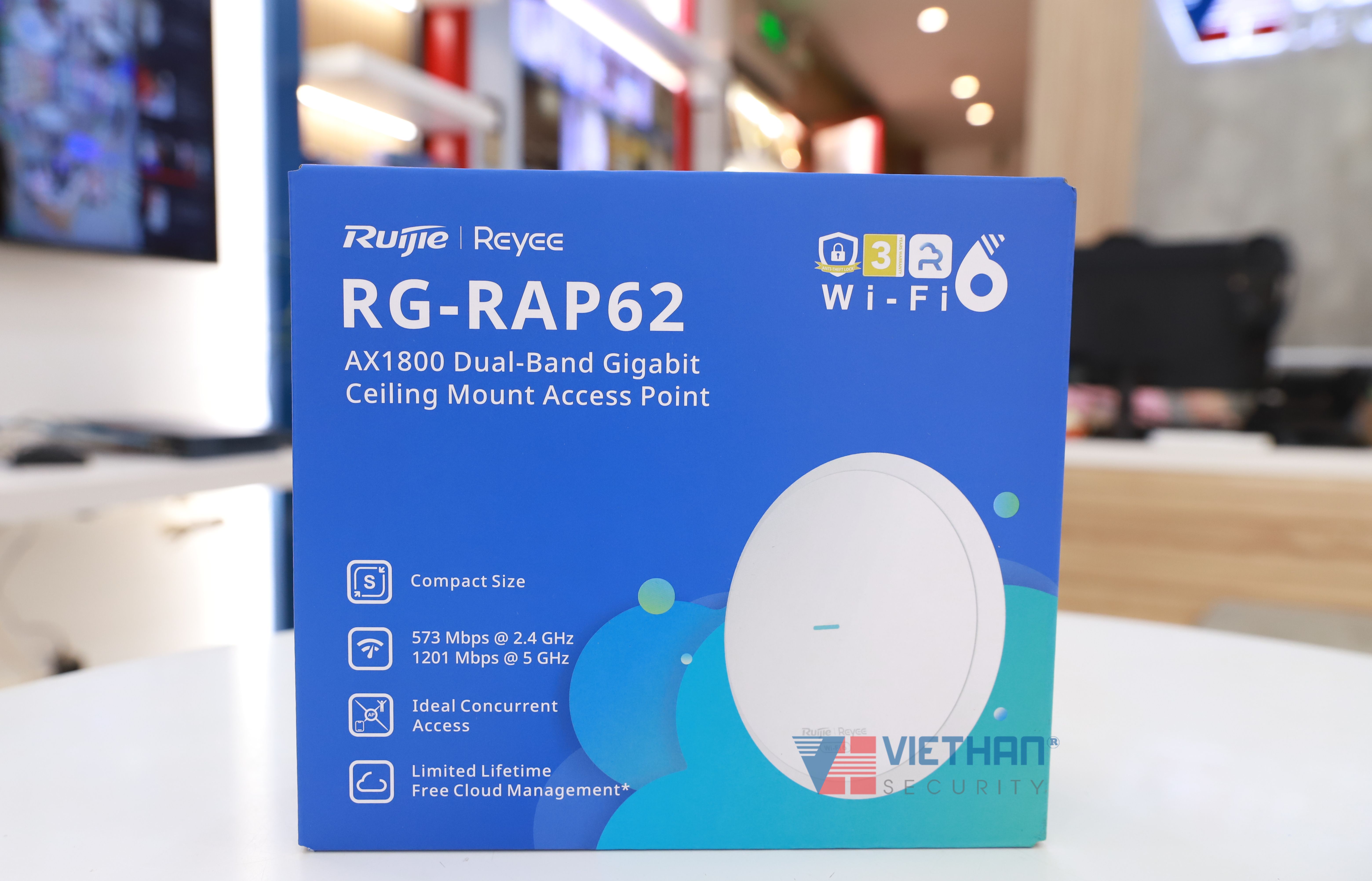 Bộ Phát WiFi 6 ốp trần/gắn tường Ruijie RG-RAP62 Tốc độ 1774 Mbps, 1 cổng 10/100/1000M Ethernet LAN, Hỗ Trợ +100 người dùng đồng thời