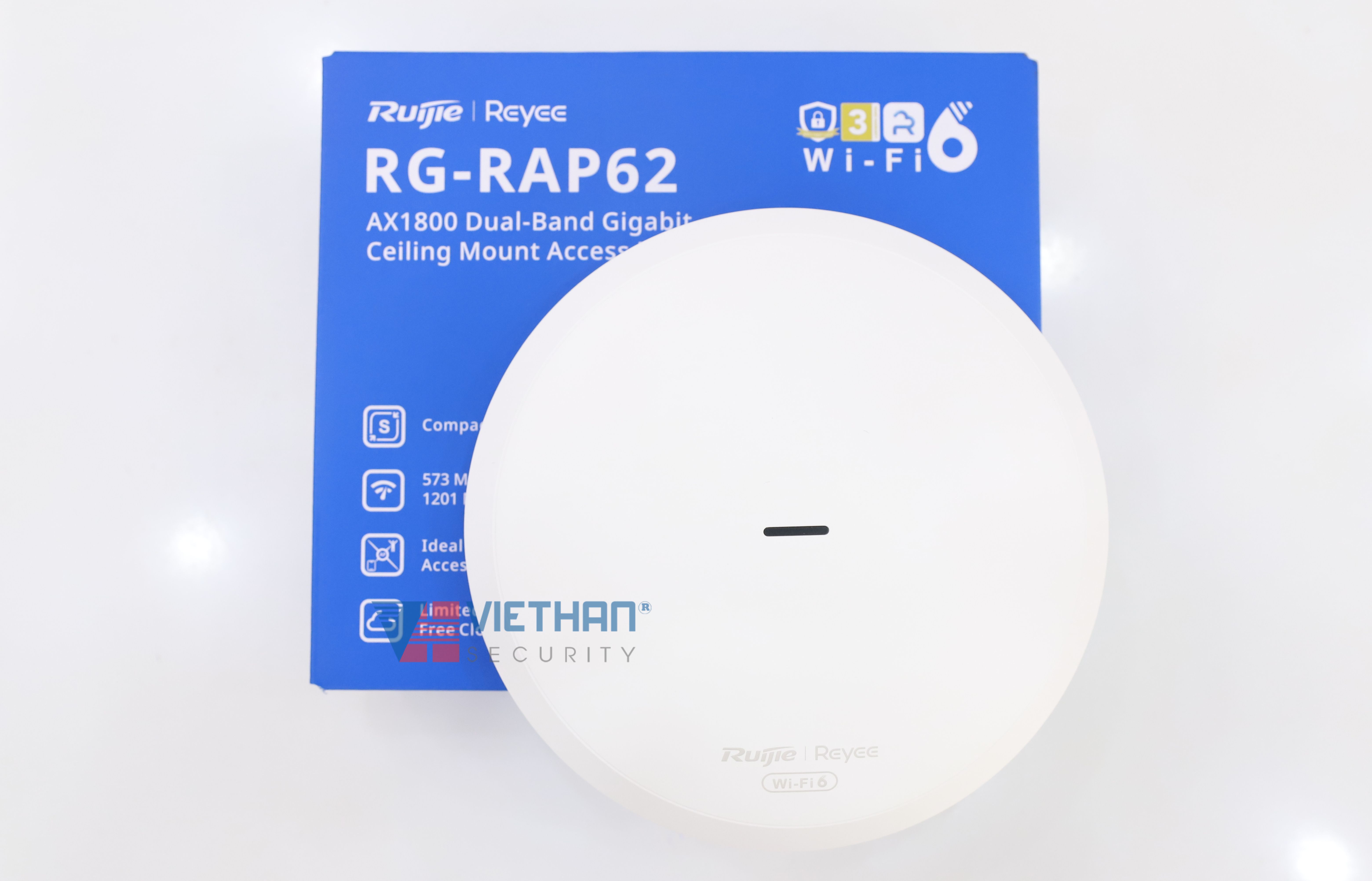 Bộ Phát WiFi 6 ốp trần/gắn tường Ruijie RG-RAP62 Tốc độ 1774 Mbps, 1 cổng 10/100/1000M Ethernet LAN, Hỗ Trợ +100 người dùng đồng thời