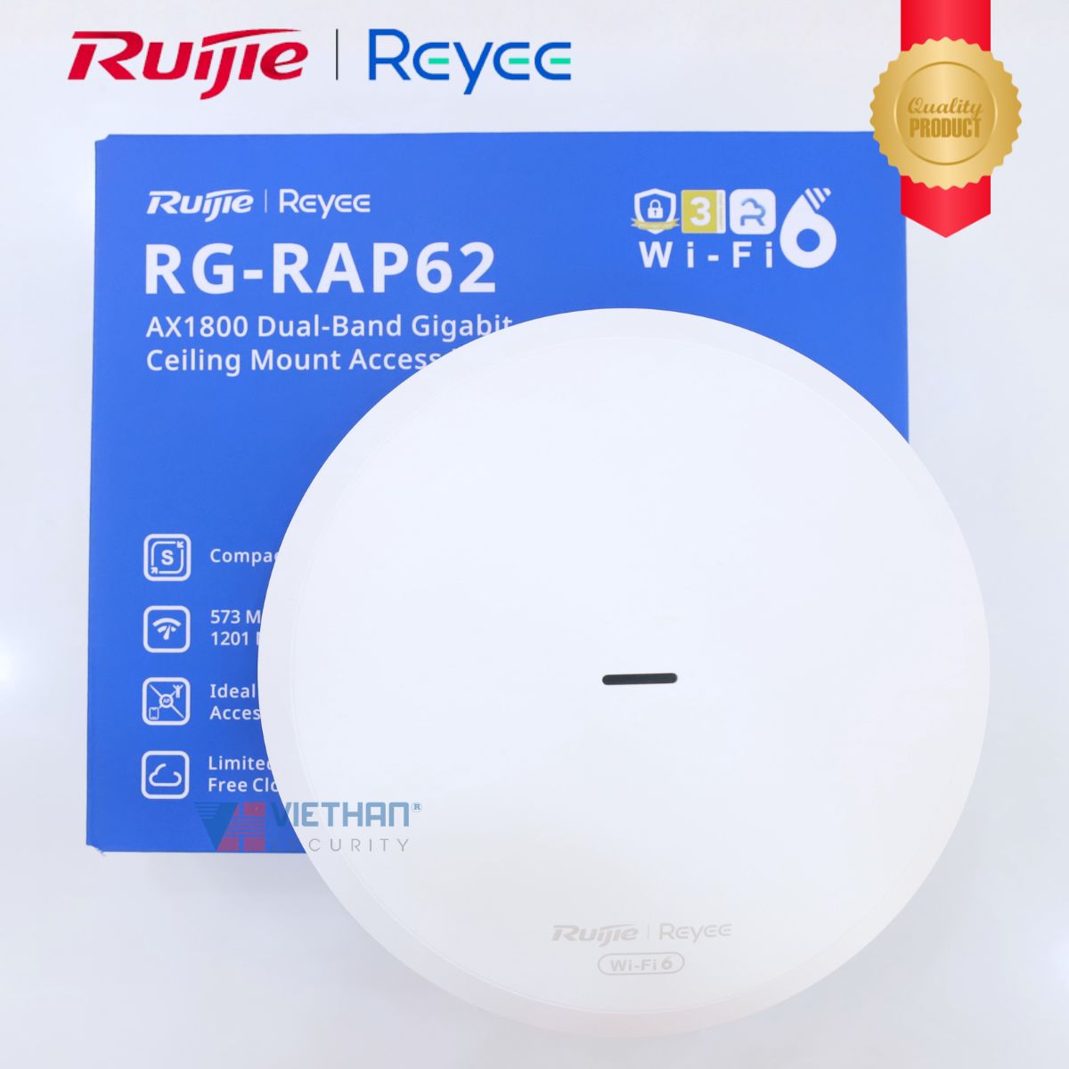 Bộ Phát WiFi 6 ốp trần/gắn tường Ruijie RG-RAP62 Tốc độ 1774 Mbps, 1 cổng 10/100/1000M Ethernet LAN, Hỗ Trợ +100 người dùng đồng thời