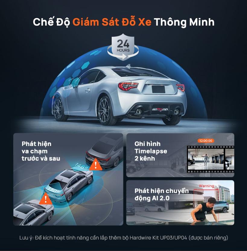 Camera hành trình Xiaomi 70mai 4K Omni X800-2 trước sau, Hỗ trợ GPS & cảnh báo ADAS, Xoay 360°, Điều khiển giọng nói