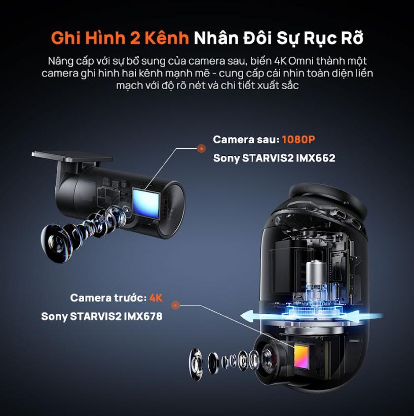 Camera hành trình Xiaomi 70mai 4K Omni X800-2 trước sau, Hỗ trợ GPS & cảnh báo ADAS, Xoay 360°, Điều khiển giọng nói