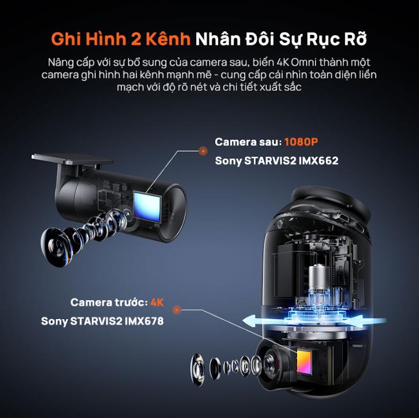 Camera hành trình Xiaomi 70mai 4K Omni X800-2 trước sau, Hỗ trợ GPS & cảnh báo ADAS, Xoay 360°, Điều khiển giọng nói