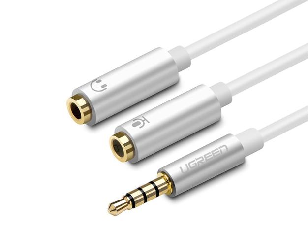 Dây chuyển âm thanh 3.5mm dương sang Jack Mic + Loa âm Ugreen 30618 AV141 dài 20cm, màu trắng, Lõi đồng nguyên chất