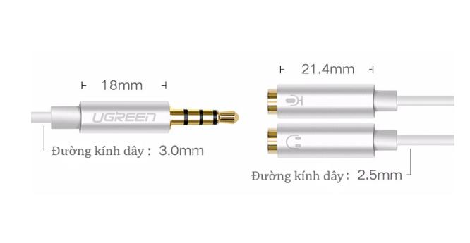 Dây chuyển âm thanh 3.5mm dương sang Jack Mic + Loa âm Ugreen 30618 AV141 dài 20cm, màu trắng, Lõi đồng nguyên chất