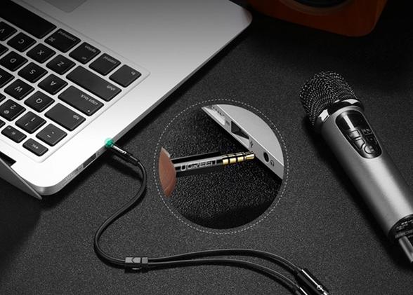 Cáp chia Audio 3.5mm ra 2 đầu 3.5mm Loa và Mic Ugreen 30620 20cm, Màu đen cao cấp