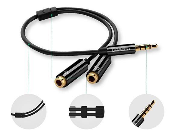 Cáp chia Audio 3.5mm ra 2 đầu 3.5mm Loa và Mic Ugreen 30620 20cm, Màu đen cao cấp