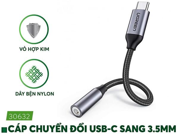 Cáp chuyển đổi USB type-C to 3.5mm Ugreen 30632 AV142 dài 10cm, Đầu mạ vàng, Dây bọc dù