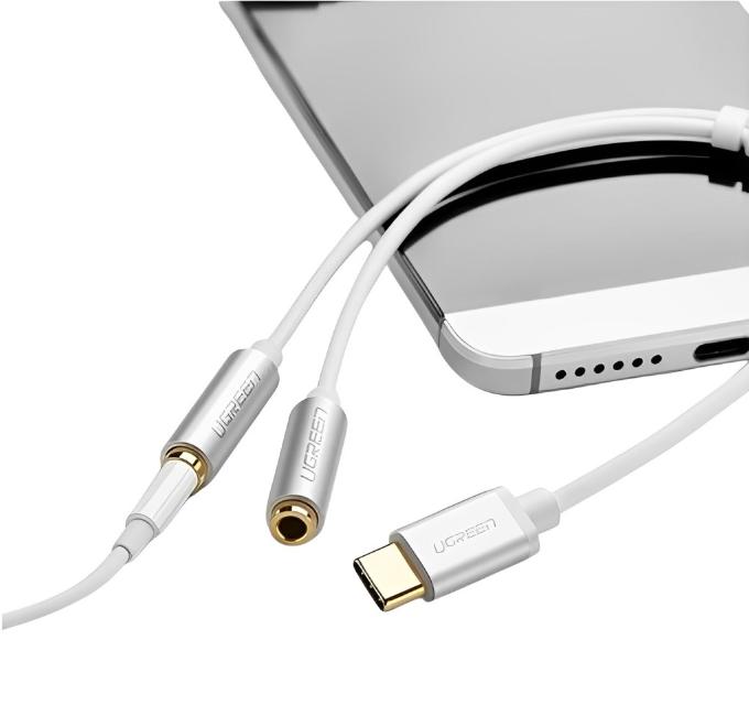 Cáp chuyển đổi TYPE C sang 2 đầu 3.5mm Ugreen 30732 AV144 dài 20cm, màu trắng, Hỗ trợ DAC Hi-Fi 24bit/96kHz