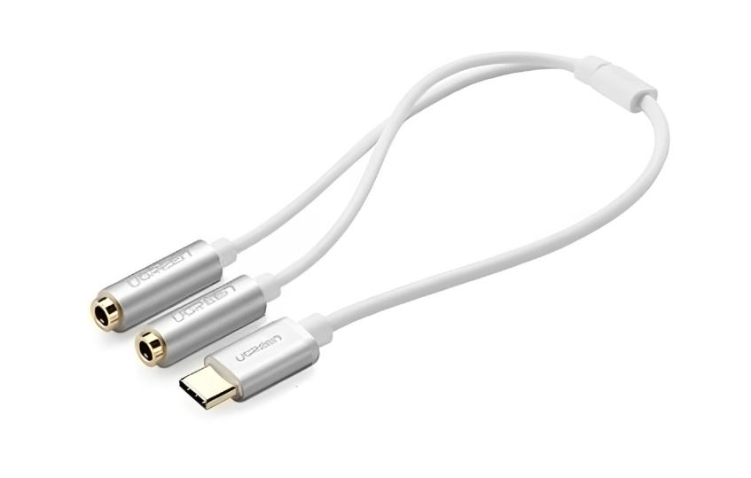 Cáp chuyển đổi TYPE C sang 2 đầu 3.5mm Ugreen 30732 AV144 dài 20cm, màu trắng, Hỗ trợ DAC Hi-Fi 24bit/96kHz