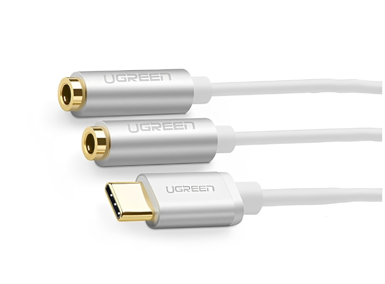 Cáp chuyển đổi TYPE C sang 2 đầu 3.5mm Ugreen 30732 AV144 dài 20cm, màu trắng, Hỗ trợ DAC Hi-Fi 24bit/96kHz