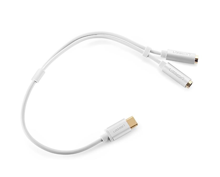 Cáp chuyển đổi TYPE C sang 2 đầu 3.5mm Ugreen 30732 AV144 dài 20cm, màu trắng, Hỗ trợ DAC Hi-Fi 24bit/96kHz