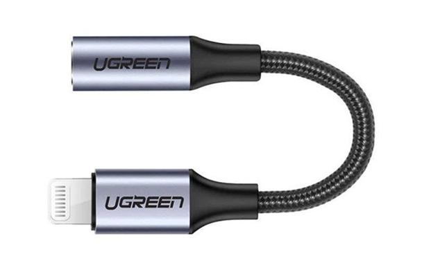 Cáp Lightning sang cổng âm thanh 3.5mm Ugreen 30756 US211 dài 10cm, Màu xám, Dây bọc dù cao cấp