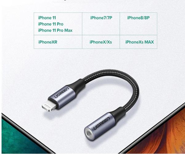 Cáp Lightning sang cổng âm thanh 3.5mm Ugreen 30756 US211 dài 10cm, Màu xám, Dây bọc dù cao cấp