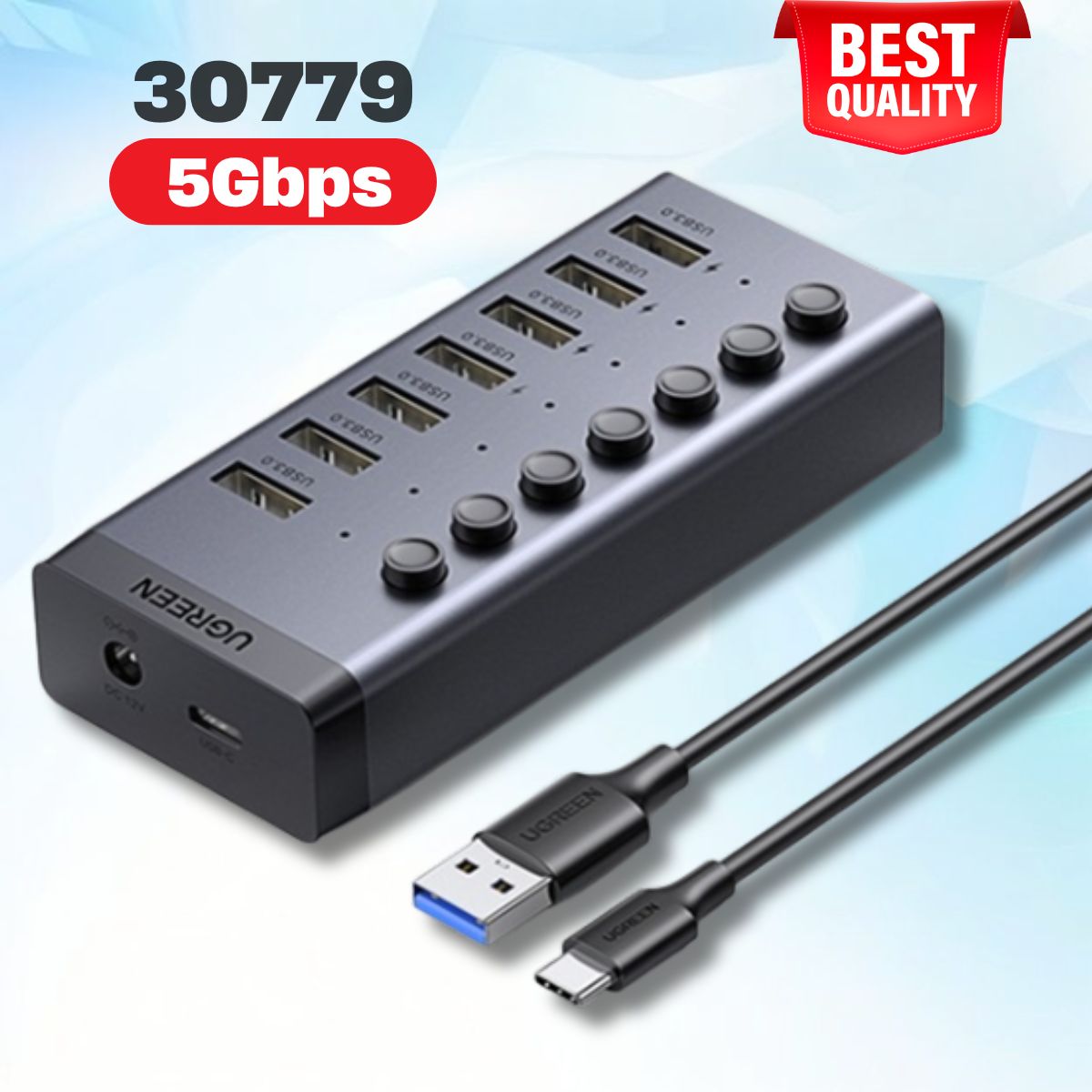 HUB USB 10 Cổng USB 3.0 Ugreen 30779 Tốc độ 5Gbps, Có nút công tắc, Nguồn 12V/4A 