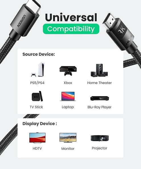 Cáp HDMI 2.1 dài 1M Ugreen 40178 Hỗ trợ  8K@60Hz 48Gbps, HDR eARC, Đầu mạ Niken chống Oxy hóa
