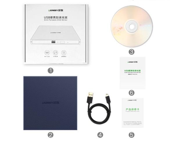 Ổ đĩa quang DVD-RW gắn ngoài Ugreen 40576 CM138 50cm chuẩn Mini USB, Hỗ trợ CD 24X, DVD 8x