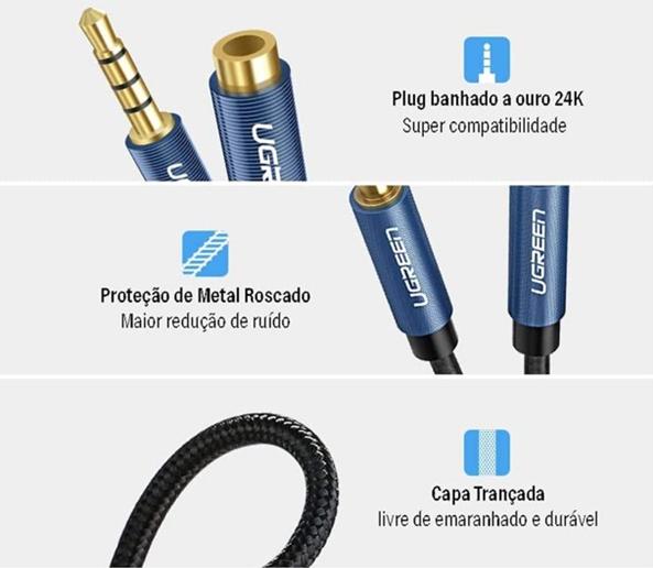 Cáp âm thanh 3.5mm nối dài đầu nhôm Ugreen 40675 AV118 dài 2m, Màu xanh, Hỗ trợ mic và tai nghe