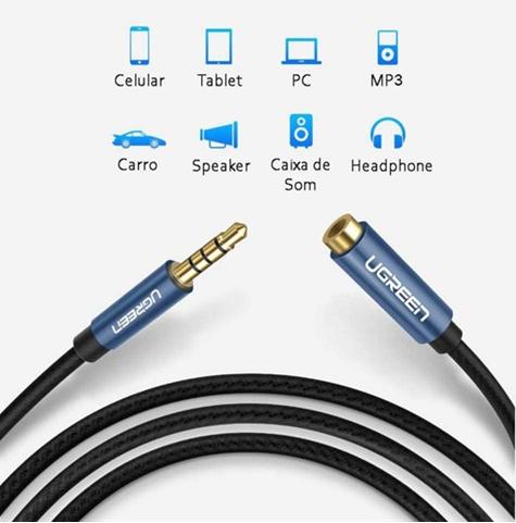 Cáp âm thanh 3.5mm nối dài đầu nhôm Ugreen 40675 AV118 dài 2m, Màu xanh, Hỗ trợ mic và tai nghe