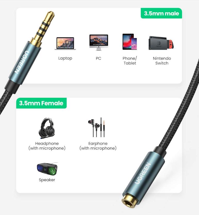 Cáp nối dài Ugreen 60635 3.5mm Male to Female 3m (Xanh đen) hỗ trợ Mic bọc Nylon cao cấp AV118