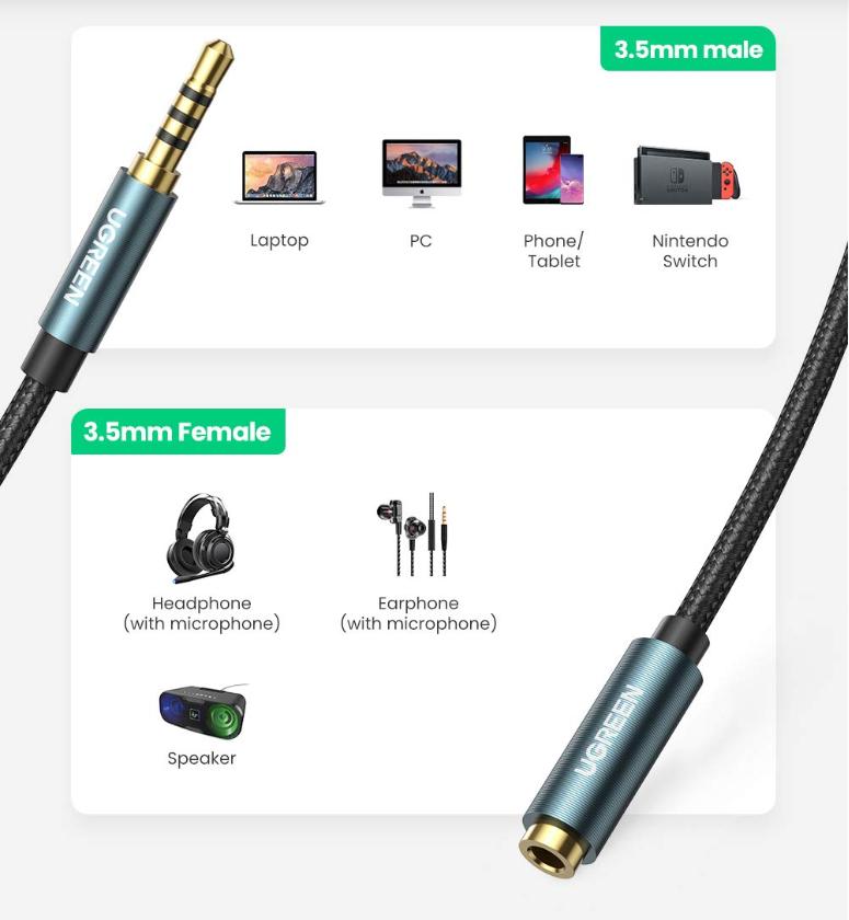 Cáp nối dài Audio 4 cực 3.5 Male to Female 5m Ugreen 60636 (Xanh đậm), Hỗ trợ Mic và tai nghe