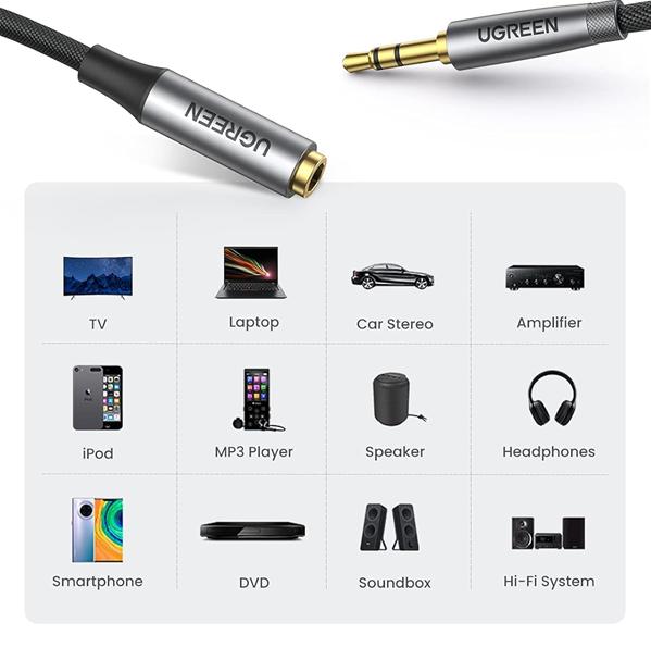 Cáp nối dài âm thanh AUX 3.5mm Ugreen 50214 dài 0,5m, màu bạc, Vỏ hợp kim nhôm cao cấp