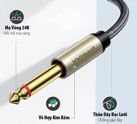Cáp Audio 3,5mm to 2 đầu 6,5mm Ugreen 10613 dài 1m, Đầu mạ vàng cao cấp