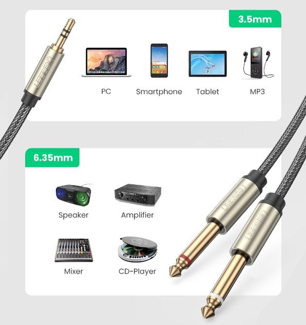 Cáp Audio 3,5mm to 2 đầu 6,5mm Ugreen 10613 dài 1m, Đầu mạ vàng cao cấp