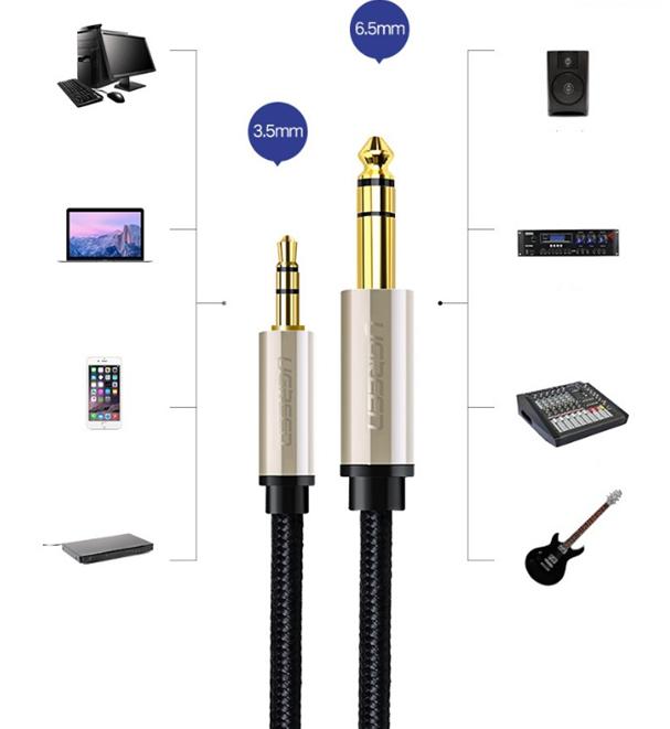 Cáp âm thanh Audio 3.5mm to 6.5mm Ugreen 40805 dài 3m, Đầu nối mạ vàng cao cấp