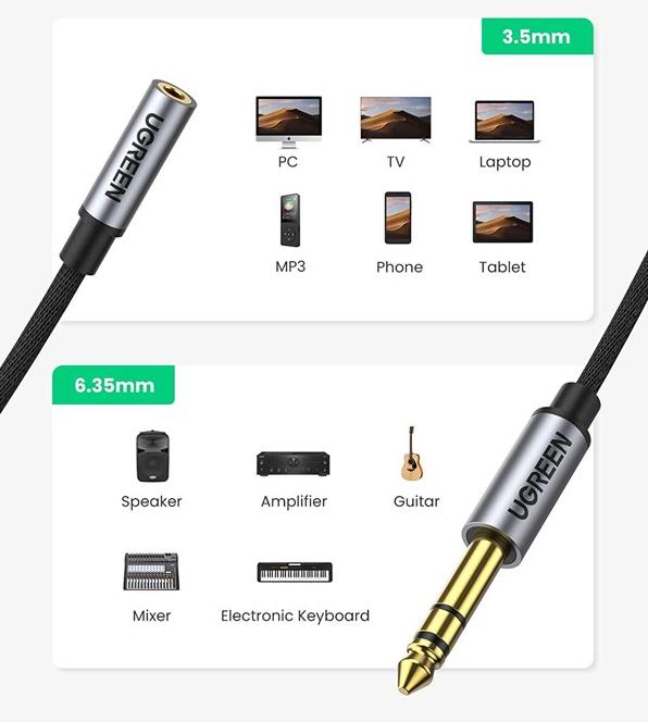 Cáp âm thanh 3 cực đực 6,35mm đến 4 cực 3,5mm Ugreen 20498 dài 30cm, Hỗ trợ âm thanh L/R