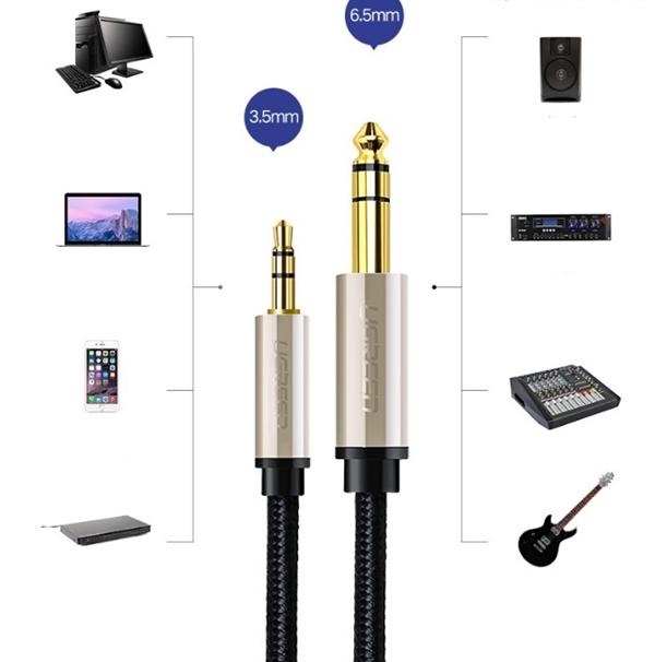 Cáp Audio 3.5mm sang 6.5mm Ugreen 40803, Bọc dù, Dài 1.5m, Màu đen, Truyền tín hiệu nhanh chóng