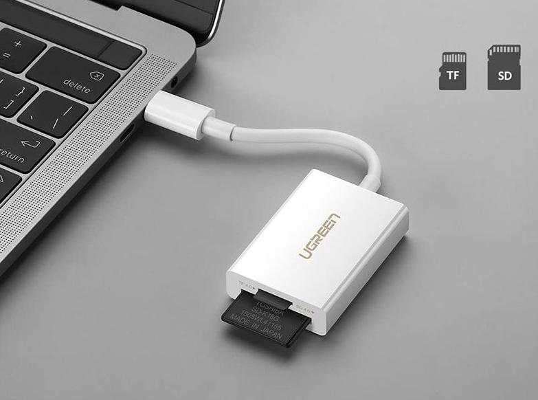 Đầu đọc thẻ USB Type-C cho thẻ nhớ TF/SD 4.0 Ugreen 40864 US235 15cm, Màu trắng, Tốc độ 5Gbps