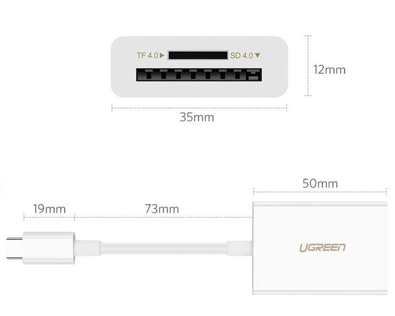 Đầu đọc thẻ USB Type-C cho thẻ nhớ TF/SD 4.0 Ugreen 40864 US235 15cm, Màu trắng, Tốc độ 5Gbps