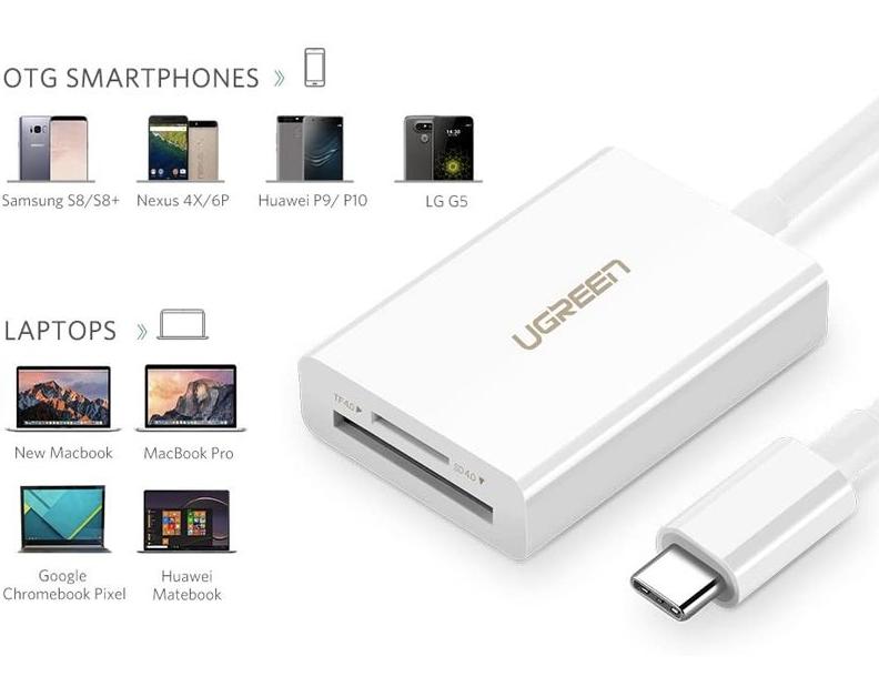 Đầu đọc thẻ USB Type-C cho thẻ nhớ TF/SD 4.0 Ugreen 40864 US235 15cm, Màu trắng, Tốc độ 5Gbps