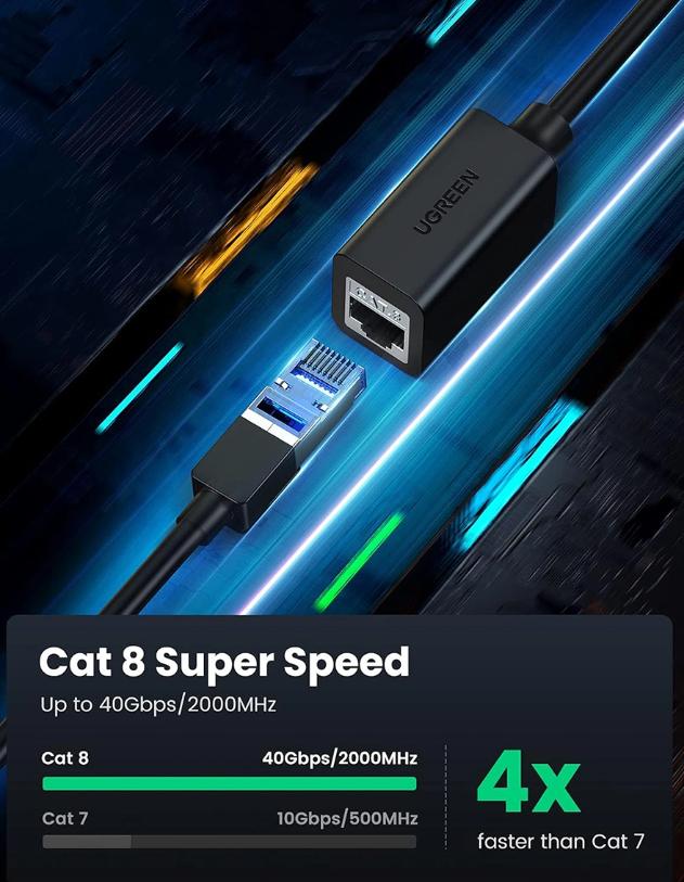 Cáp nối dài mạng LAN CAT 8 dài 2m Ugreen 50200 Hộ trợ 40Gbps/ 2000Mhz, Tương thích nhiều thiết bị