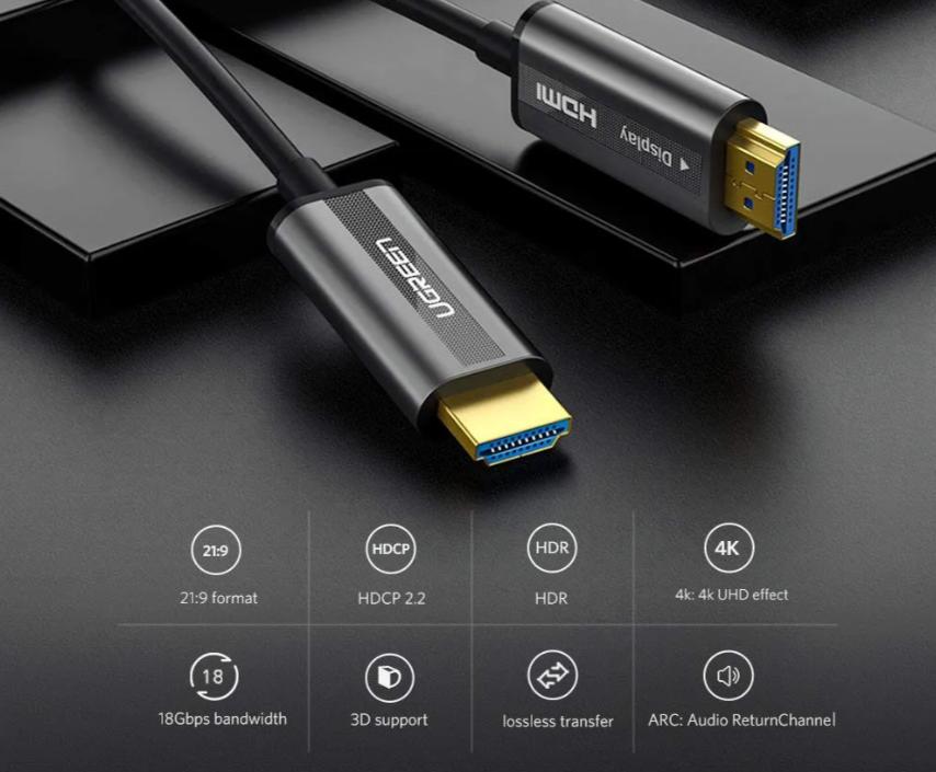 Cáp HDMI 2.0 sợi quang 20m Ugreen 50216 Hỗ trợ 4K/60Hz, Đầu mạ vàng chống oxy hoá