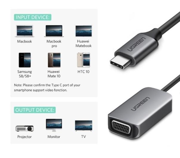 Bộ chuyển USB-C Sang VGA Ugreen 50316 Vỏ nhôm, 10cm, Hỗ trợ FullHD 1920x1080P@60Hz, Màu xám