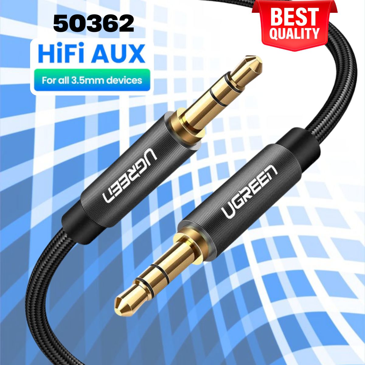 Cáp âm thanh 2 đầu 3.5mm dương Ugreen 50362 AV112 dài 1.5M Đầu hợp kim bọc lưới cao cấp