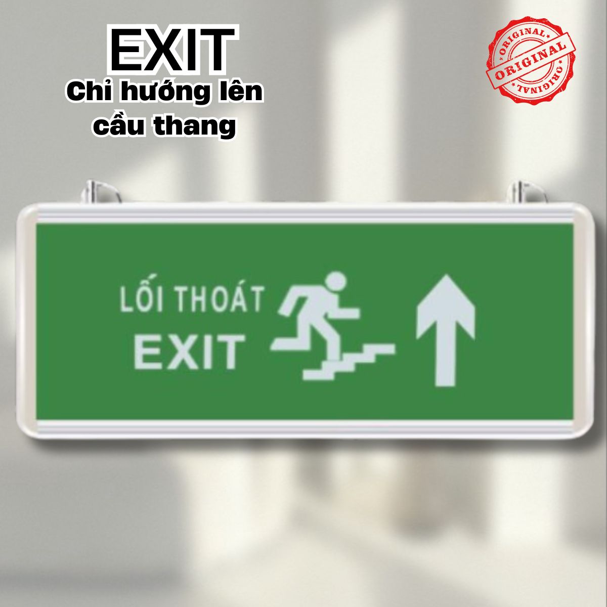 Đèn Exit lối thoát hiểm PCCC chỉ hướng lên cầu thang, Có pin dự phòng, Tem kiểm định