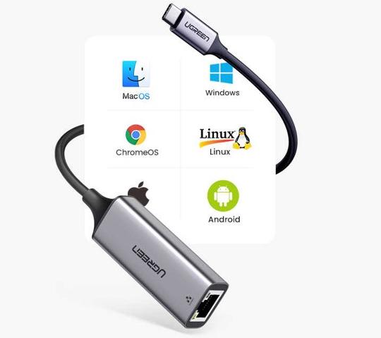 Cáp chuyển Usb Type-C to Lan 10/100/1000Mbps Ugreen 50737  Vỏ nhôm, Tốc độ 5Gbps, Chipset AX88179