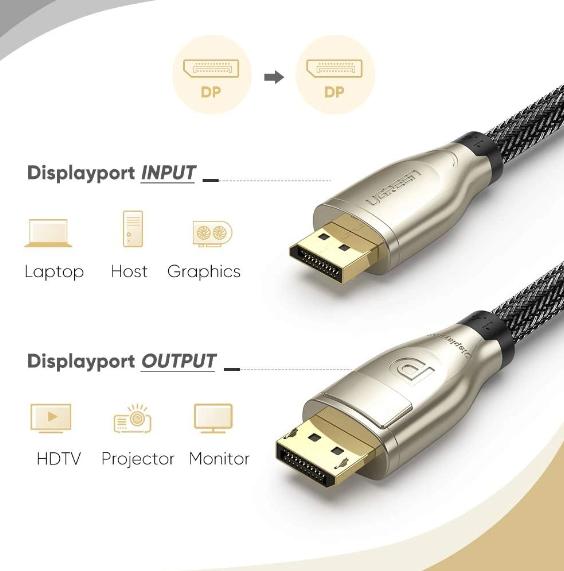 Cáp Displayport 1.4 Ugreen 60842 dài 1m, Hỗ trợ độ phân giải 8K@60Hz, Chống gỉ