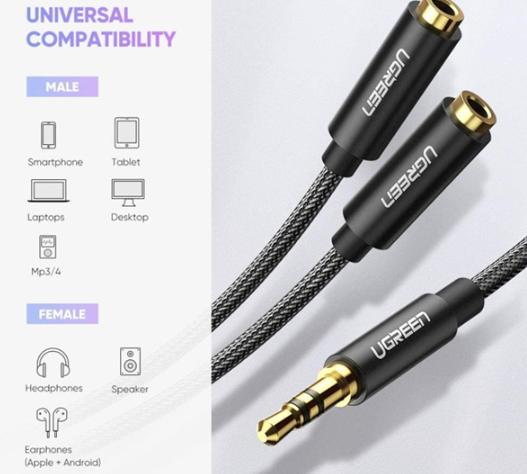 Cáp chia 2 cổng Audio 3.5mm Ugreen 70102 dài 20cm, Bện nylon