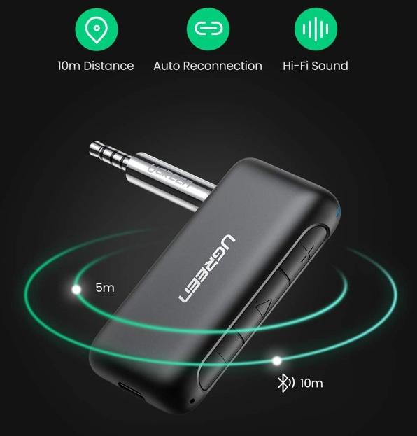 Bộ nhận âm thanh Bluetooth 5.0 Ugreen 70303 AUX 3.5mm cho ô tô hỗ trợ MIC gọi điện, Khoảng cách 10m