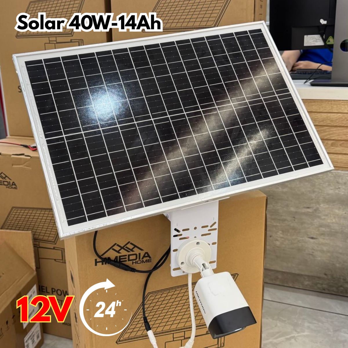 Tấm pin năng lượng mặt trời cho camera 40W-14AH 12V (solar) Dùng 24h (gắn cùng lúc camera và bộ bắn sóng wifi)