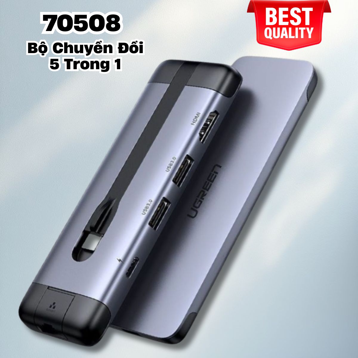 Bộ chuyển đổi 5 trong 1 Ugreen 70508 Type C ra 1xHDMI,1PD(12W),3xUSB3.0, 1xLAN(RJ45) 