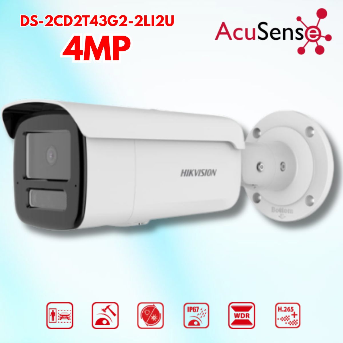 Camera IP Hikvvision Acusense DS-2CD2T43G2-2LI2U 4MP siêu nét, Đèn Hybrid Light 4 chế độ, Mic kép 2U