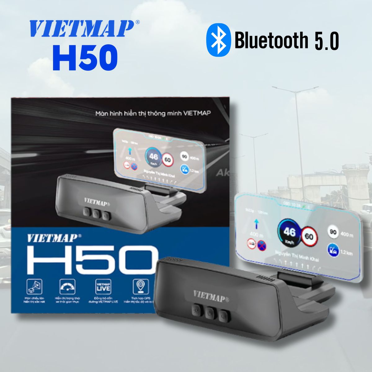 Hub hiển thị thông tin Vietmap H50 LCD TFT 4.58 inch, Cảnh báo & Hiển thị tốc độ giới hạn, Kết nối Bluetooth 5.0