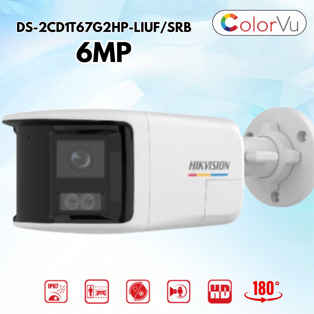 Camera ColorVu 6MP Hai Mắt 180° DS-2CD1T67G2HP-LIUF/SRB - Báo động Loa + Đèn, Đàm thoại 2 chiều, IP67