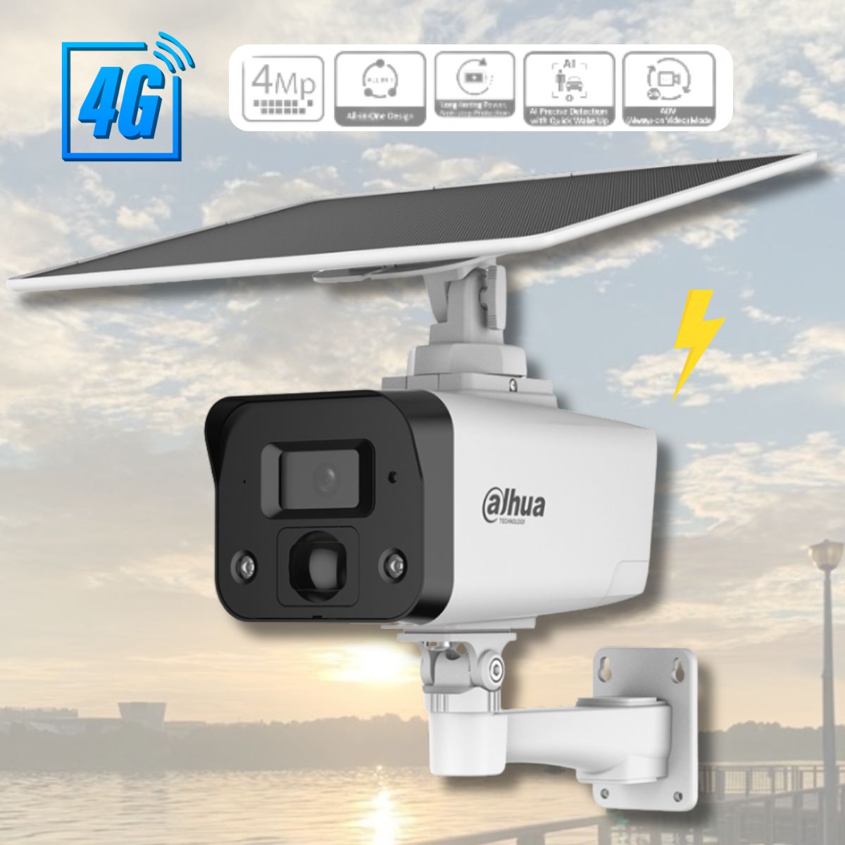 Camera 4G Năng lượng mặt trời Dahua DH-IPC-HFW2441DG-4G-SP-B 4MP Chiếu sáng kép, Cảnh báo dèn & còi, Phát hiện người & xe, IR 30m