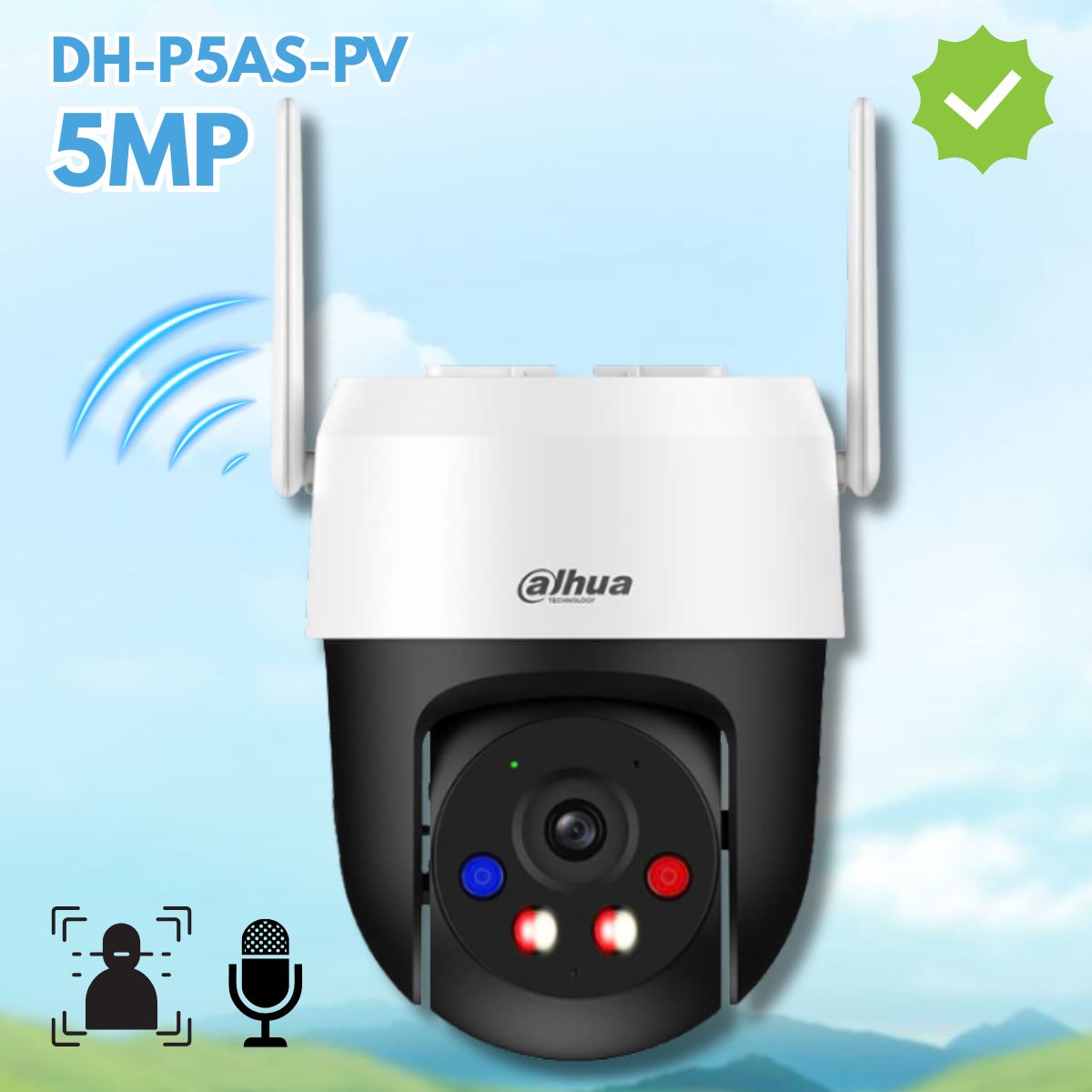 Camera WiFi Dahua DH-P5AS-PV 5MP Phát hiện người/xe, Đàm thoại 2 chiều, Tích hợp cảnh báo đèn & loa, Chuẩn IP66