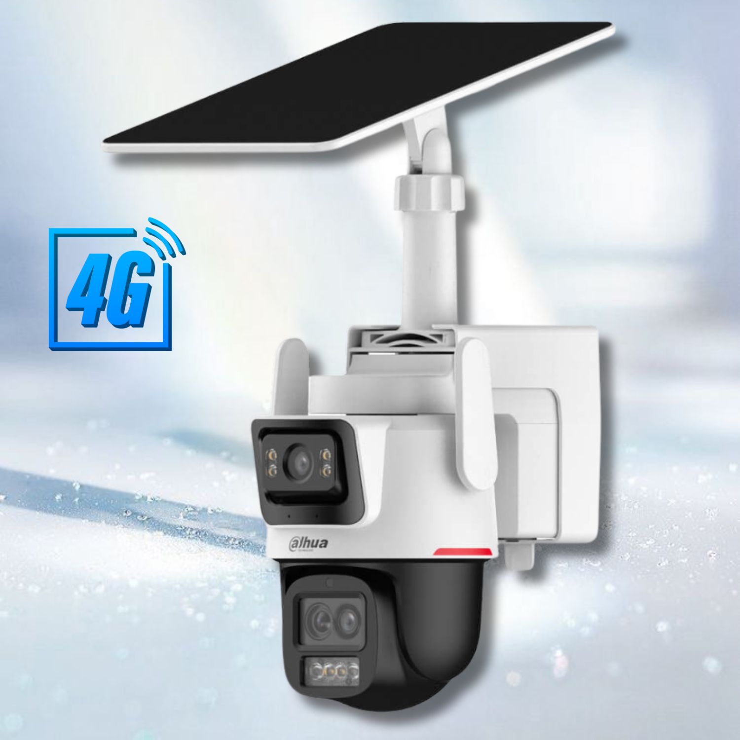 Camera 4G 2 mắt Năng lượng mặt trời Dahua DH-IPC-PTS2649C-3E3Z-4GB20 2 ống kính 3+3MP, Phát hiện người/xe, Zoom 3.6–8.4mm,  Pin Lithium